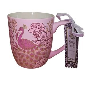 DwellStudio Season of Fancy Pink Peacock Floral Ceramic Mug 17.5 oz NWT